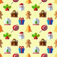 New Year, holiday, Christmas concept. Seamless pattern of mistletoe, Santa Claus, fireplace, giftbox, lollipop, sphere. Perfect for wrapping, postcards, covers, fabric, textile vector