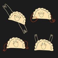 Set of Various black and white of dumplings, dim sum with face emotions, hands and legs. Hand drawn trendy Vector illustration for kids. Cute funny characters. All elements are isolated