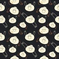 Seamless pattern Set of Various black and white of dumplings, dim sum with face emotions, hands and legs vector