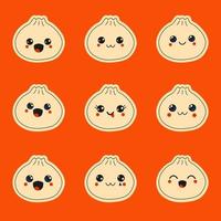 Cute happy funny Dumplings set collection. Happy food positive emoji, funny kawaii vector