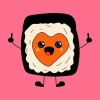 Sushi Love concept Cute happy funny smiling sushi,roll with kawaii eyes. Vector in cartoon style. All elements are isolated