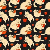 Seamless pattern with Cutest cats eating noodles and uses chopsticks. Ramen. Asian food. vector