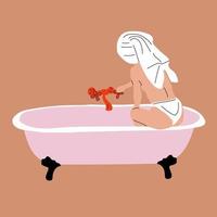 Woman taking a relaxing bubble bath side view. Vector in cartoon style. All elements are isolated