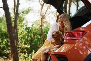 se sienta en la parte trasera del coche. mujer con su perro al aire libre en el bosque diviértete foto