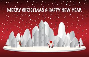 Merry Christmas and Happy New Year. Santa Claus, snowman and reindeer stand on white podium. There are villages, pine trees, snowy mountains, snowing and glowing Christmas text on a red background. vector