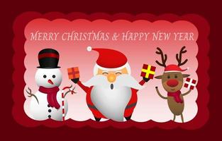 Merry Christmas and Happy New Year. Santa Claus snowman reindeer give a surprise gift on a red background and Christmas text in a red themed frame. Design for greeting card banner poster in paper cut. vector