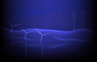 Technology windmill energy. The windmill line connection wireframe design. Abstract geometric line gradient blue background. Vector illustration. Futuristic glowing windmill farm on dark background.