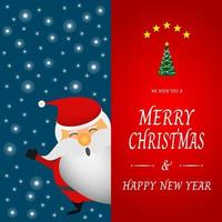 Merry Christmas and Happy New Year. Santa Claus shows up to surprise Peek a boo on a snowy blue background and Christmas messages in red theme. Design for greeting card, banner, poster in paper cut. vector