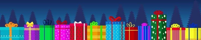 Several Christmas gift boxes on a blue background and pine trees at night. Present surprise icon set. Vector gift boxes designed for festivals or holidays. Christmas and Happy New Year concept.