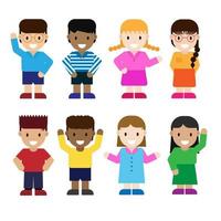 Happy kids cartoon character set. Cute children boys and girls collection. Multicultural children in different positions on white background. vector
