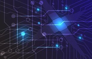 Technology chip processor background circuit board and code. Futuristic microchip processor with lights on the blue background. Vector illustration digital chip cpu technology concept.