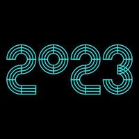 2023 blue neon glow color. Text 2023 graphic on black background. Design for Happy New Year 2023, greeting card, holiday card, calendar, celebration, poster, banner, web. Vector illustration.