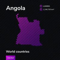 Vector striped map of Angola in violet colors on the striped black background. Educational banner