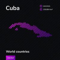 Cuba vector map in trend violet colors on striped black background. Flat style. Educational banner