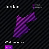 mapa vectorial plano de Jordania con textura de rayas violeta, violeta y rosa sobre fondo negro. pancarta educativa, póster sobre jordania vector