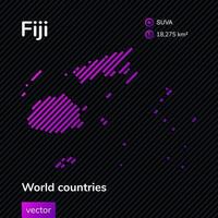 Fiji islands map. Vector creative digital neon flat line art abstract simple map with violet, purple, pink striped texture on black background. Educational banner, poster about Fiji