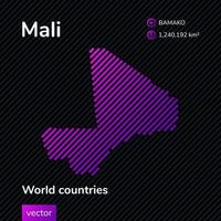 Flat vector Mali map in violet colors on a striped black background. Stylized map icon of Mali. Infographic element