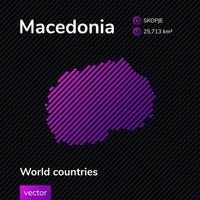 mapa vectorial plano de macedonia en colores violetas sobre un fondo negro rayado. icono de mapa estilizado de macedonia. elemento infográfico vector