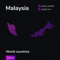Vector striped stylized flat Malaysia map in purple colors on striped black background. Educational banner