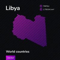 Vector stylized flat map of Libya in violet colors on striped black background. Educational banner