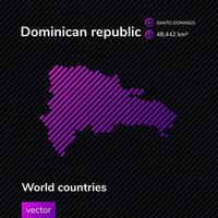 Stylized vector flat Dominican Republic map texture in black and violet colors on striped background. Educational banner