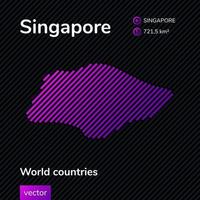 Vector creative digital neon flat map of Singapore with violet, purple, pink striped texture on black background. Educational banner, poster about Singapore