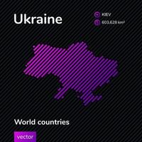 Ukraine map. Vector creative digital neon flat line art abstract simple map with violet, purple, pink striped texture on black background. Educational banner, poster about Ukraine
