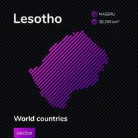 Vector stylized flat map of Lesotho in violet colors on striped black background. Educational banner