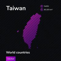 Vector creative digital neon flat map of Taiwan with violet, purple, pink striped texture on black background. Educational banner, poster about Taiwan