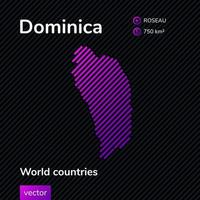 Stylized texture flat map of Dominica in black and pink, violet color on striped background. Educational banner vector