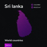 Vector creative digital neon flat map of Sri Lanka with violet, purple, pink striped texture on black background. Educational banner, poster about Sri Lanka