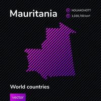 mapa vectorial plano de mauritania en colores violetas sobre un fondo negro rayado. icono de mapa estilizado de mauritania. elemento infográfico vector