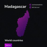 mapa vectorial plano de madagascar en colores violetas sobre un fondo negro rayado. icono de mapa estilizado de madagascar. elemento infográfico vector