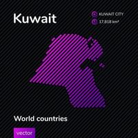 Vector flat map of Kuwait with violet, purple, pink striped texture on black background. Educational banner, poster about Kuwait