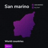 mapa san marino mapa plano creativo vectorial con textura de rayas violeta neón sobre fondo negro. vector