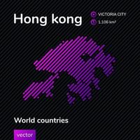 Vector flat map of Hong Kong with violet, purple, pink striped texture on black background. Educational banner, poster about Hong Kong