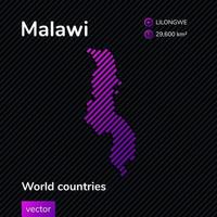 mapa vectorial plano de malawi en colores violetas sobre un fondo negro rayado. icono de mapa estilizado de malawi. elemento infográfico vector