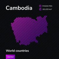 Cambodia map. Vector creative digital neon flat line art abstract simple map with violet, purple, pink striped texture on black background. Educational banner, poster about Cambodia