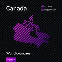Canada map. Vector creative digital neon flat abstract simple map with violet, purple, pink striped texture on black background.