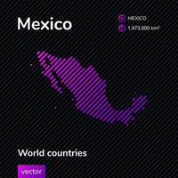 Vector creative digital neon flat line art abstract simple map of Mexico with violet, purple, pink striped texture on black background. Educational banner, poster about Mexico