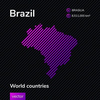 Stylized vector map of Brazil in violet colors on striped black background in flat style. Education banner