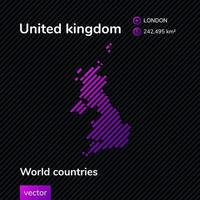 United kingdom map. Vector creative digital neon flat line art abstract simple map with violet, purple, pink striped texture on black background. Educational banner, poster about UK