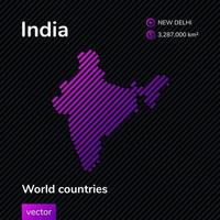 Vector flat map of India with violet, purple, pink striped texture on black background. Educational banner, poster about India