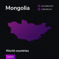 Vector flat map of Mongolia with violet, purple, pink striped texture on black background. Educational banner, poster about Mongolia