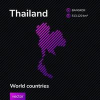 Vector creative digital neon flat simple map of Thailand with violet, purple, pink striped texture on black background. Educational banner, poster about Thailand