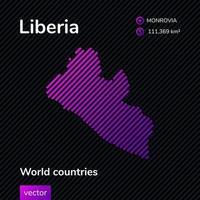 Vector flat map of Liberia in violet colors on the black striped background. Educational banner