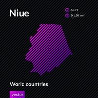 Map of Niue. Vector creative digital neon flat abstract simple map with violet, purple, pink striped texture on black background. Educational banner, poster about Niue map