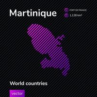 Vector flat map of Martinique with violet, purple, pink striped texture on black background. Educational banner, poster about Martinique