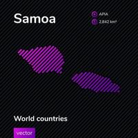 Vector creative digital neon flat map of Samoa with violet, purple, pink striped texture on black background. Educational banner, poster about Samoa