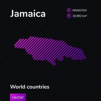 Vector flat map of Jamaica with violet, purple, pink striped texture on black background. Educational banner, poster about Jamaica